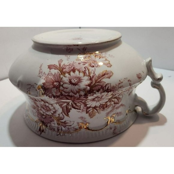 Antique Dunn Bennett & Co Chamber Pot in Daisy Pattern Red Florals W/ Gold Trim - Picture 9 of 11